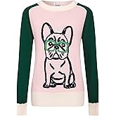 OXKNIT Women's Knitted Shirts Long Sleeve Retro French Bulldog Jacquard Color Block Casual Cotton Tops