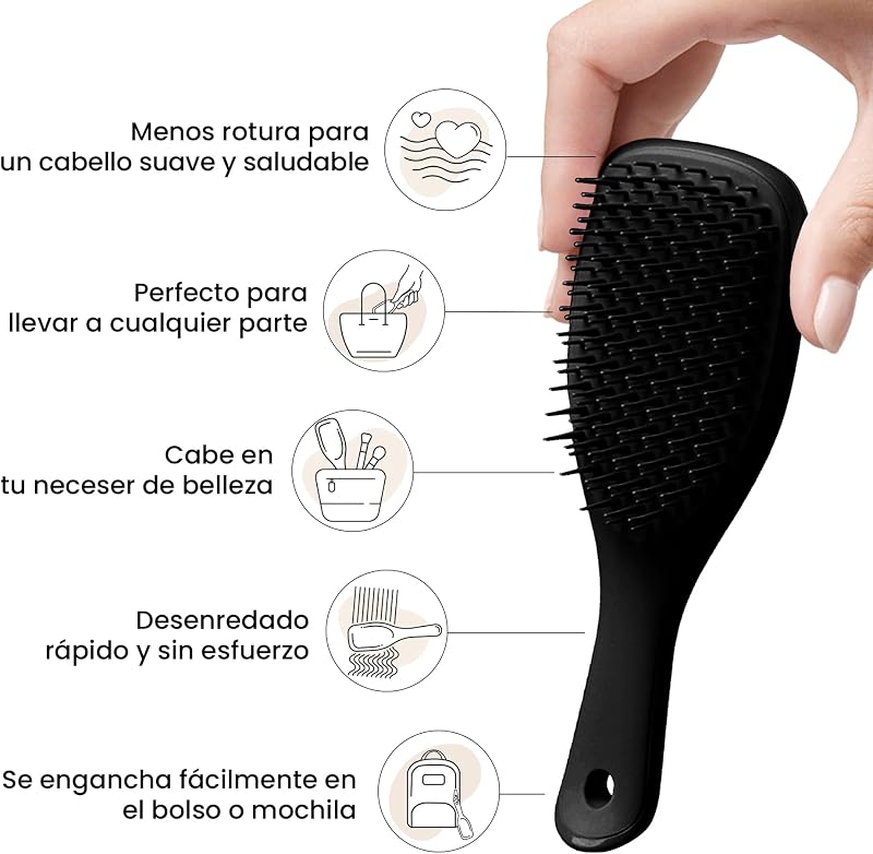 Mini Ultimate Detangler - Cepillo Desenredante Mini para Pelo Seco y Mojado - Apto para Todo Tipo de Cabello - Perfecto para Niños y Viajes - Negro
