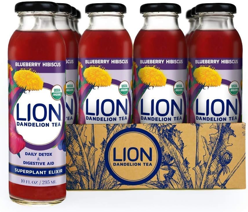 Prebiotic Tea LION (Blueberry Hibiscus) Dandelion Improve Digestion & Reduce Bloating Our Prebiotics Feed Your Probiotics Boost Immune System Delicious and Refreshing Bottled Tea Dandelion Leaf Root