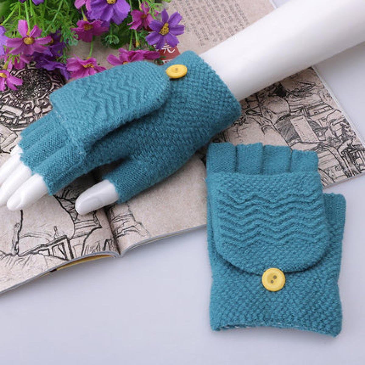 LYFLYF Knitted Gloves - Autumn/Winter Men/Women Warm Half Finger Flip Top Couples Writing Biking,Blue