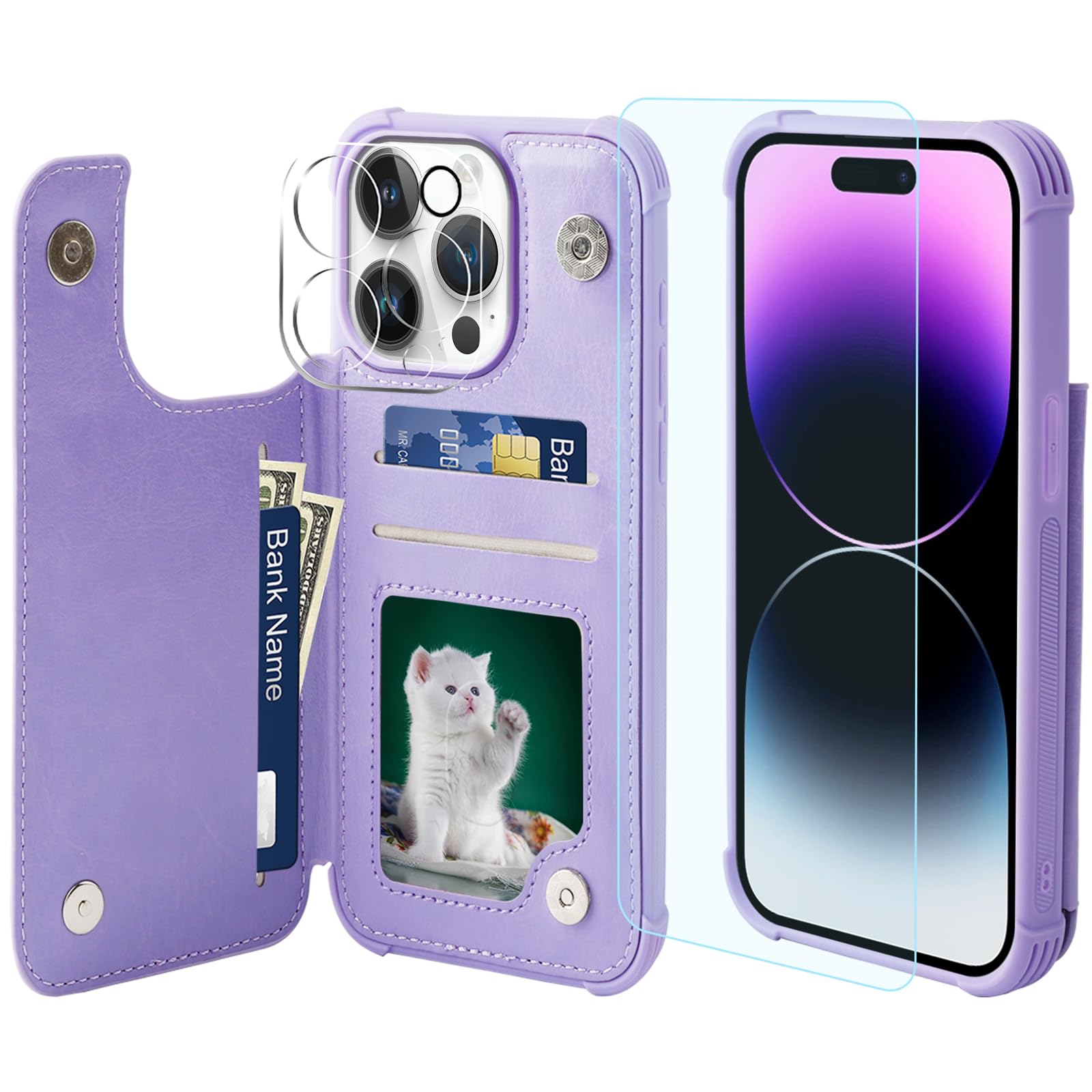 VANAVAGY Wallet Case Compatible for iPhone 15 Pro Max,Leather Flip Folio Shockproof Phone Cover Fit Magnetic Car Mount [Screen Protector Included] with Credit Card Holder, Clove Purple