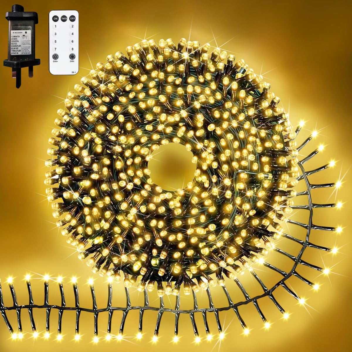 Neonawall Christmas Cluster String Lights - 1000LED Plug-in Fairy Lights with 8 Modes Remote - Waterproof Tree Light for Outdoor Indoor Decorations