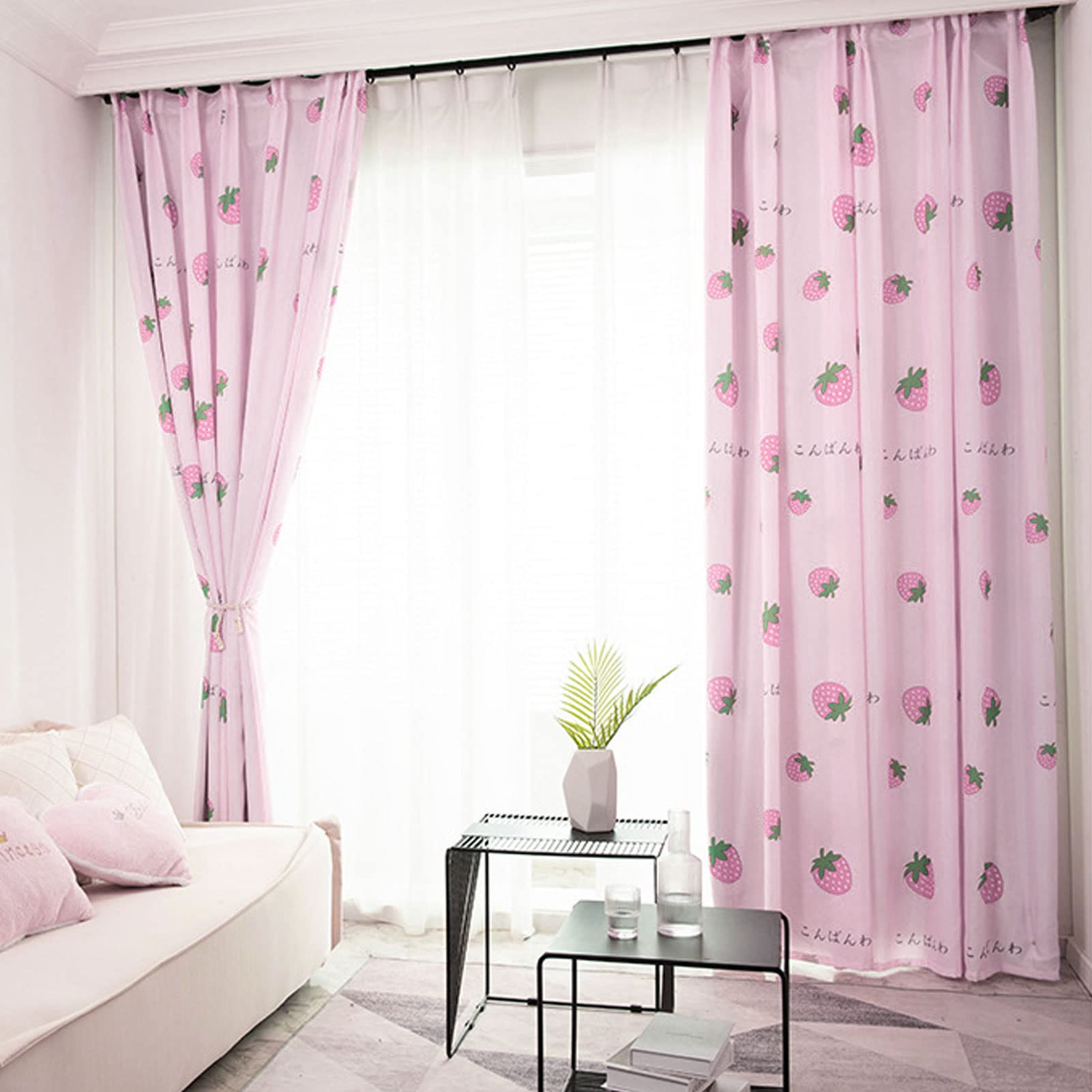 Thermal Blackout Curtains - Pink Strawberry Decor Window Treatment for Bedroom - Kawaii Room Decor, 39 x 98 Inch
