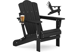 KINGYES Adjustable Folding Adirondack Chair, 3-Position Reclining Adirondack Chairs with Cup Holder, HDPE All-Weather Oversized Adirondack for Outdoor, Patio, Backyard Deck, Fire Pit, Black