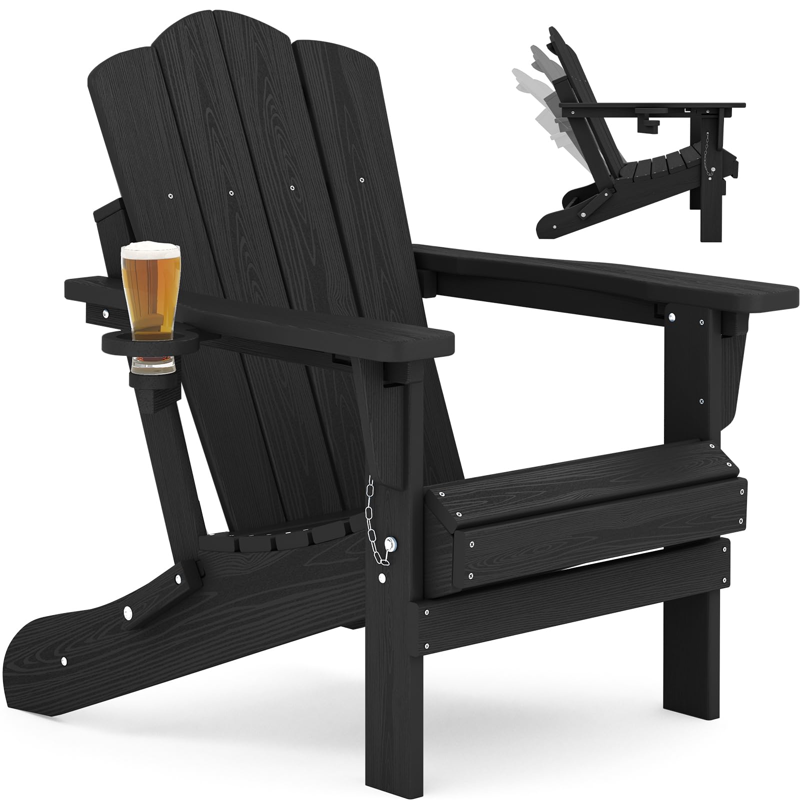 Photo 1 of KINGYES Adjustable Folding Adirondack Chair, 3-Position Reclining Adirondack Chairs with Cup Holder, HDPE All-Weather Oversized Adirondack for Outdoor, Patio, Backyard Deck, Fire Pit, Black