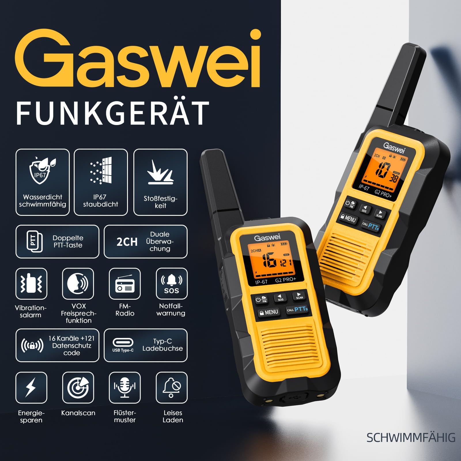 Gaswei G2Pro Professionelle Walkie-Talkies für Erwachsene [IP67 wasserdicht & schwimmfähig] Langstrecken-Funkgerät mit Doppel-PTT, VOX,SOS-Alarm,FM-Radio + Akku für Outdoor, (2er-Set in Gelb) 2