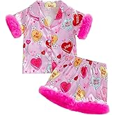 Kuriozud Kids Toddler Girl Valentines Pajamas Fuzzy Trim Satin Button Down Shirt Top and Shorts 2pcs Pjs Sets Sleepwear