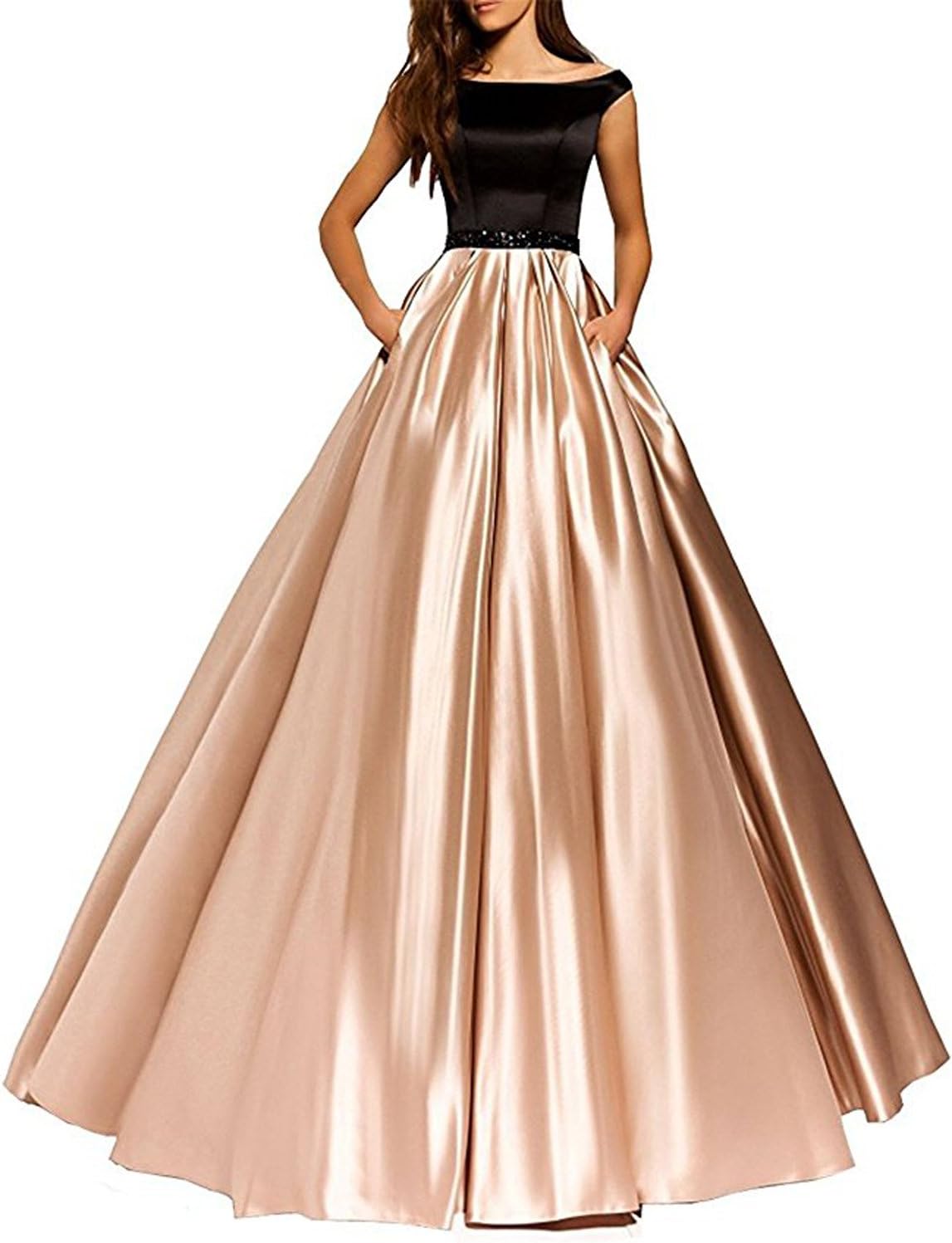 Stillluxury Off The Shoulder Satin Evening Gowns with Pocket Long Bridesmaid Dresses Plus Formal E64A