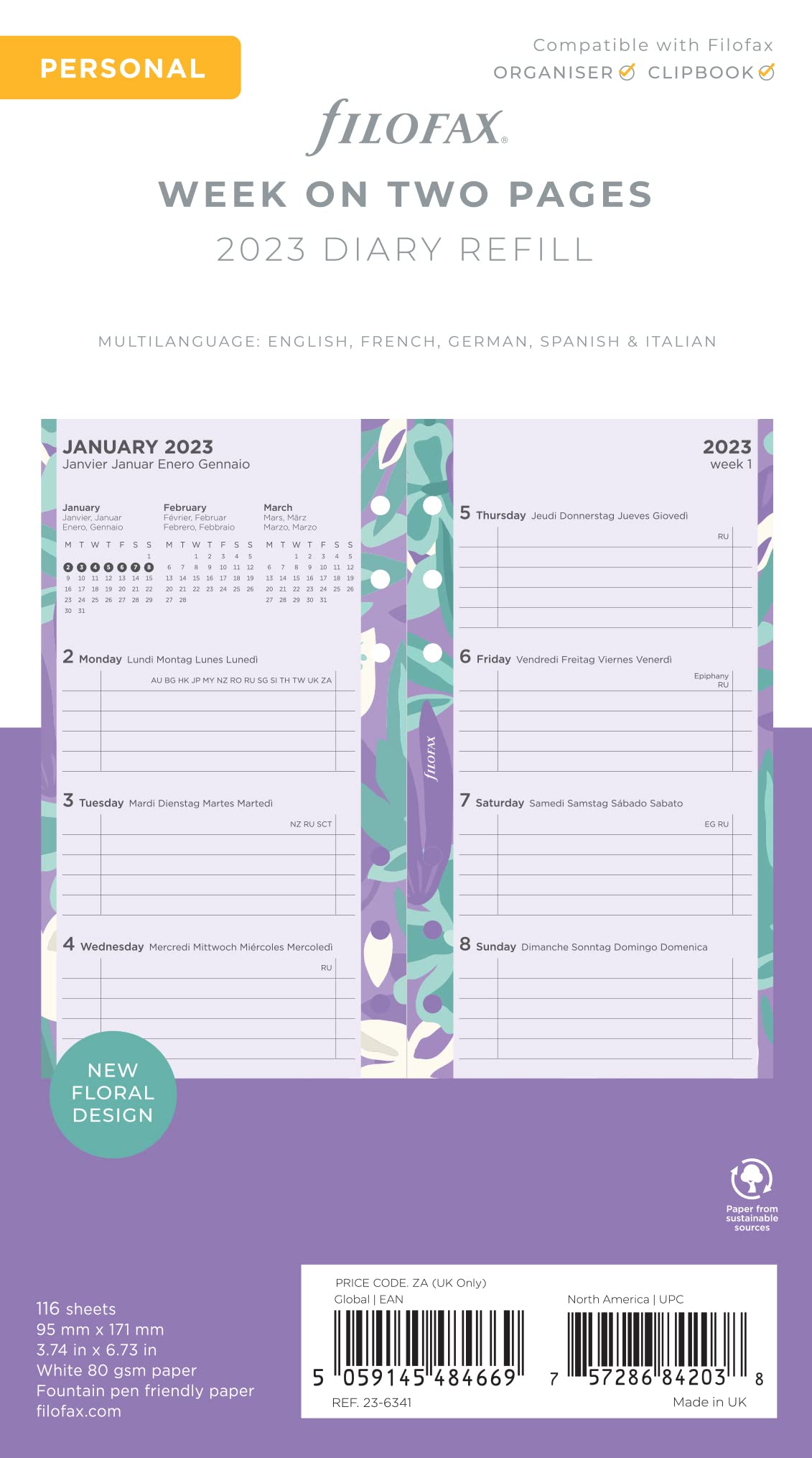 Filofax Personal Illustrated Floral Week on 2 Pages 2023 Diary Pack