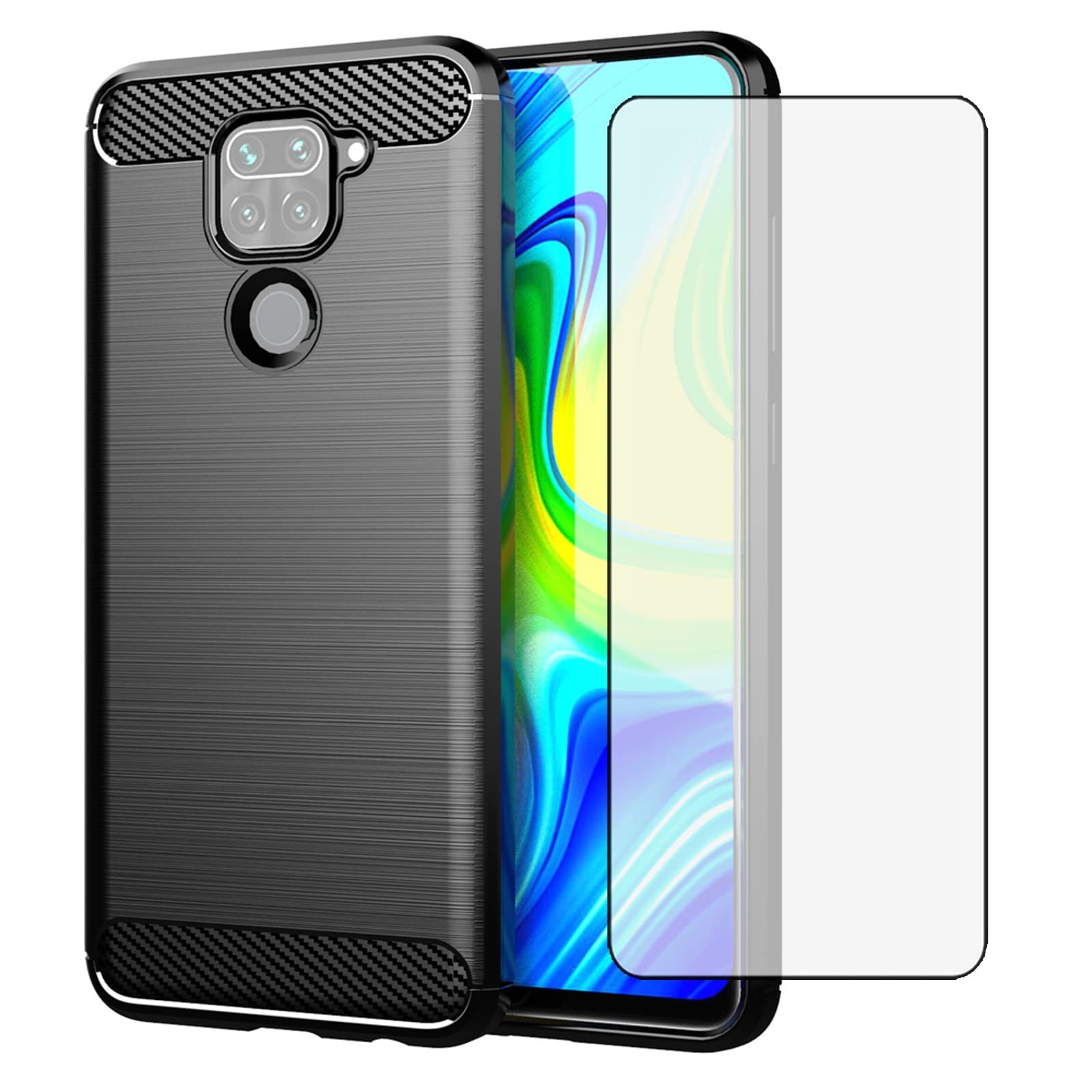 Asuwish Compatible with Xiaomi Redmi Note 9 / Redmi 10X 4G Phone Case and Tempered Glass Screen Protector with Shockproof Soft Slim Silicone Carbon Fiber Redme Note9/X10 for Women Men Black
