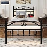 Samurbex Twin Size Bed Frames with Charging Station,Black Metal Platform Bed Frame with LED Lights,Heavy Duty Metal Steel Slats Support,No Box Spring Needed,Noise Free,Easy to Assemble