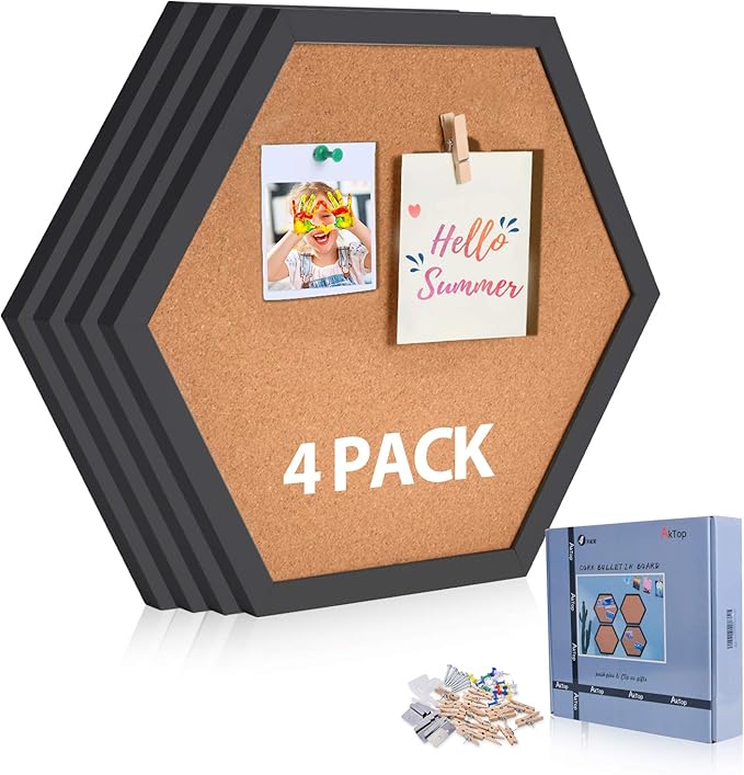 AkTop Cork Bulletin Board Hexagon 4 Pack