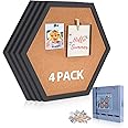 AkTop Cork Bulletin Board Hexagon 4 Pack, Small Framed Corkboard Tiles for Wall, Thick Decorative Display Boards for Home Office Decor, School Message Board with 16 Push Pin Wood Clips, Black