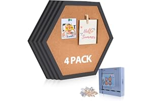 AkTop Cork Bulletin Board Hexagon 4 Pack, Small Framed Corkboard Tiles for Wall, Thick Decorative Display Boards for Home Office Decor, School Message Board with 16 Push Pin Wood Clips, Black
