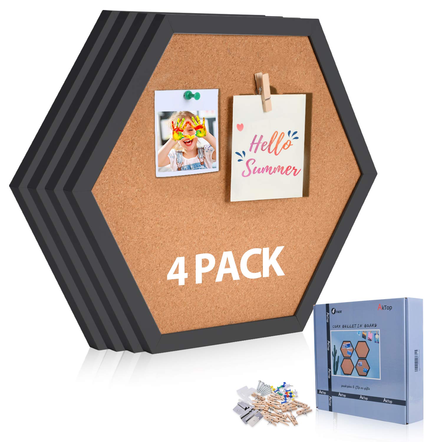 Photo 1 of ****************Missing one***********
AkTop Cork Bulletin Board Hexagon 4 Pack, Small Framed Corkboard Tiles for Wall, Thick Decorative Display Boards for Home Office Decor, School Message Board with 16 Push Pin Wood Clips, Black