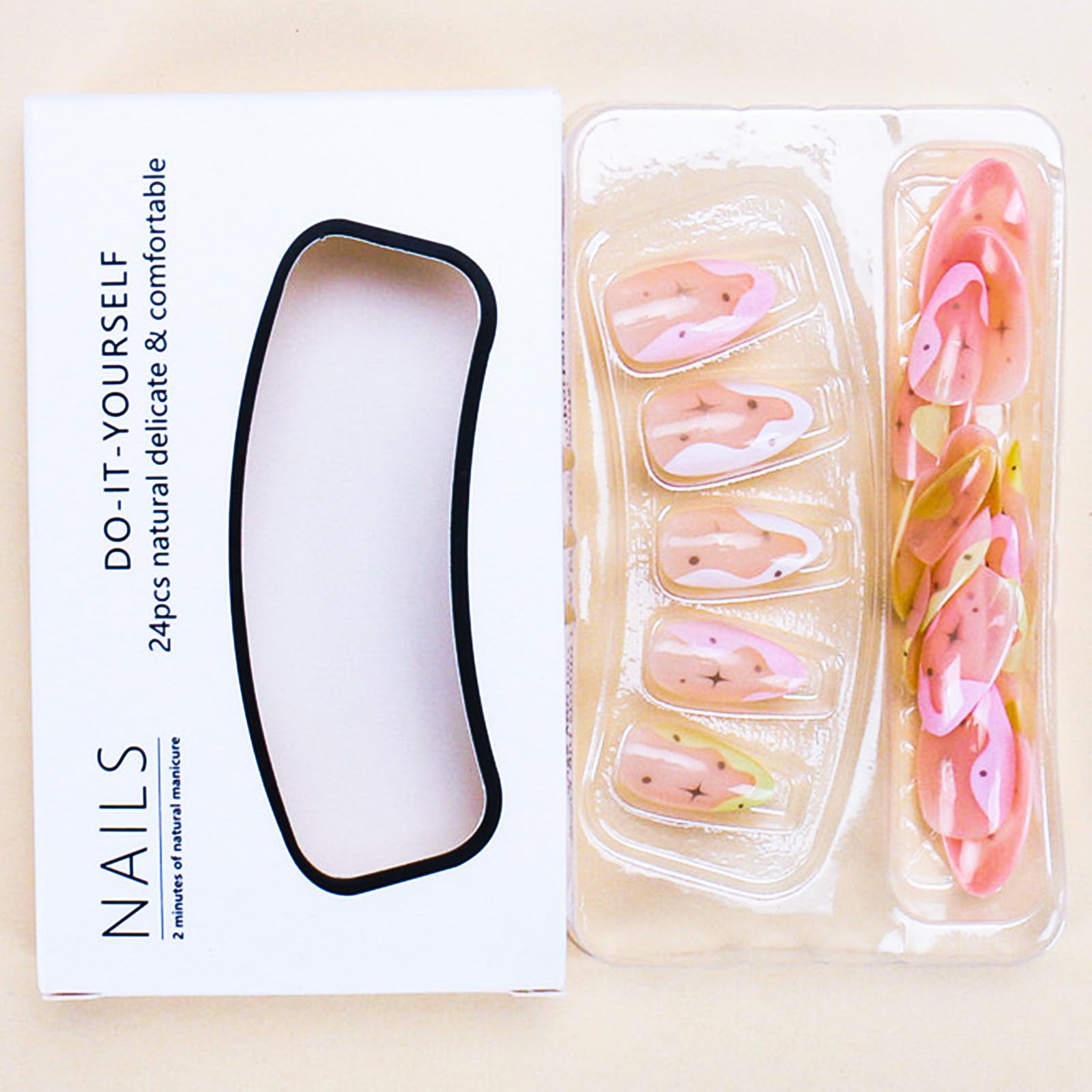 TOGZOM Almond Press on Nails Short French Fake Nails Cute Star Acrylic Nails Colorful Nails Tips Glossy Artificial Nails Cream Edge Designs Glue on Nails for Women Girls Manicure 24Pcs, Style6 - Image 3