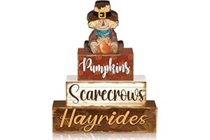 QUZZIL 4 Pcs Fall Thanksgiving Decor for Home Scarecrow Turkey Pumpkin Wooden Signs with Saying Thanksgiving Fall Tiered Tray Decor Hello Fall Table Decoration for Thanksgiving Farmhouse(Scarecrow)