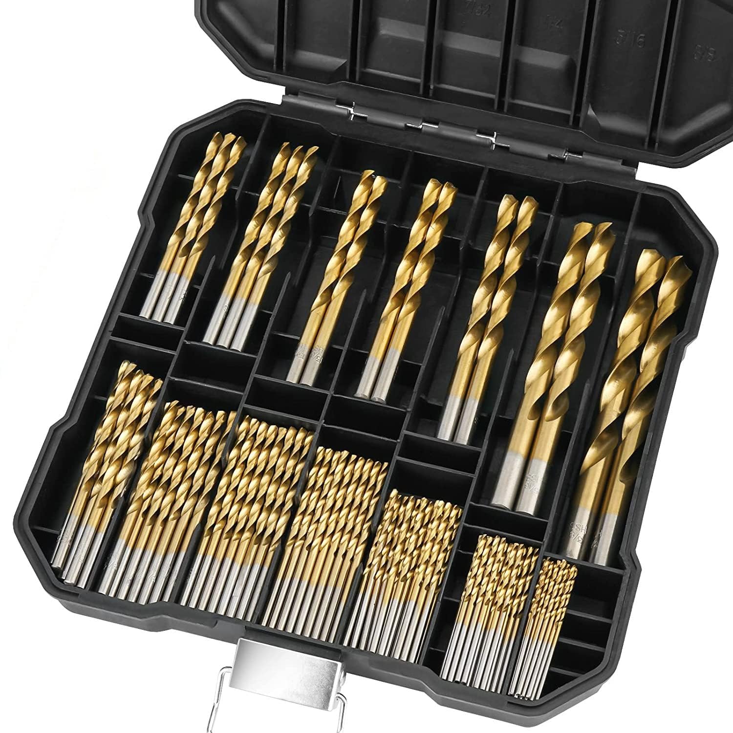POIU 99PCS Titanium Coated Twist Drill Bit Set with Case, 4241 HSS 135°Tip Metric Drill Bits Size from 1.5-10mm for Metalworking, Woodworking, Plastic Hole Drilling