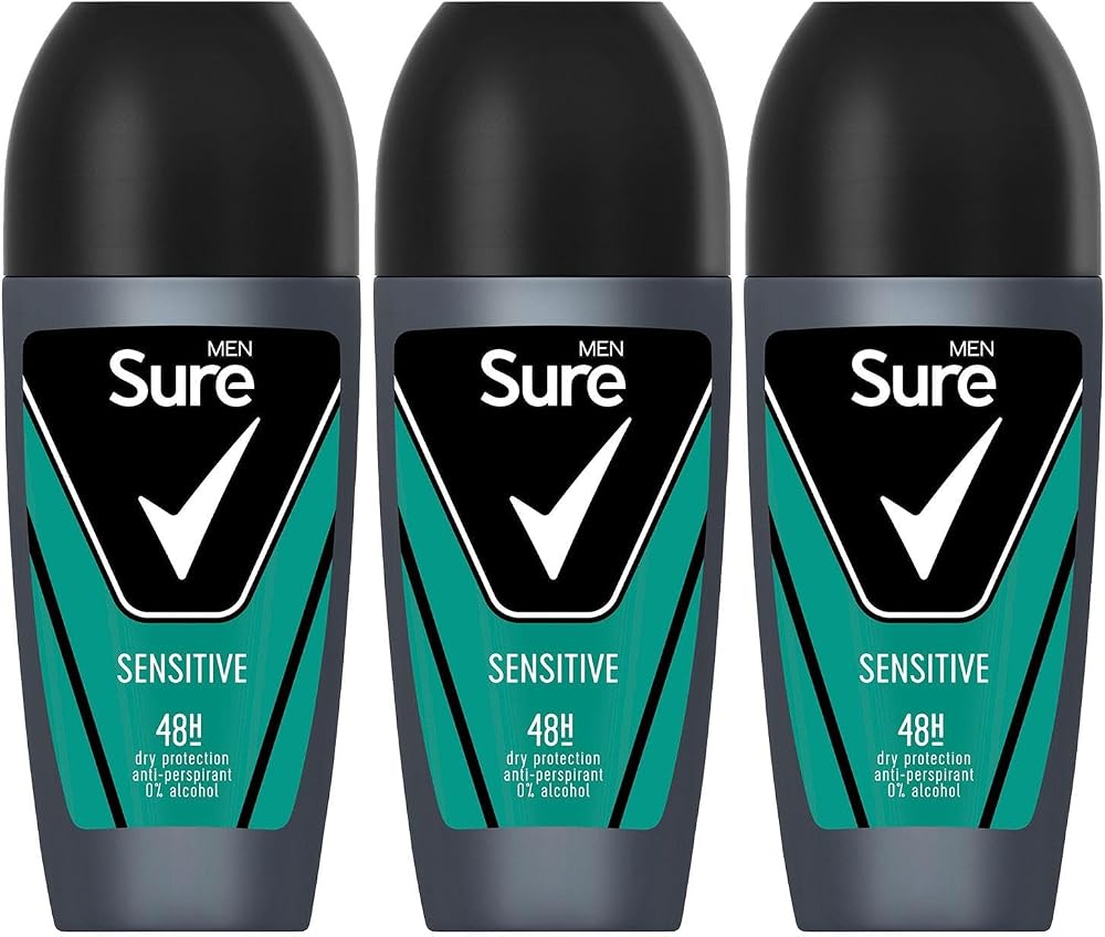 Sure Men Sensitive Roll On Antiperspirant 48H Sweat Odour Protection 50ml 3 Pack