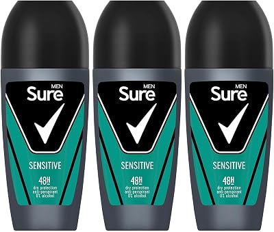 Sure Men Sensitive Roll On Antiperspirant 48H Sweat Odour Protection 50ml 3 Pack
