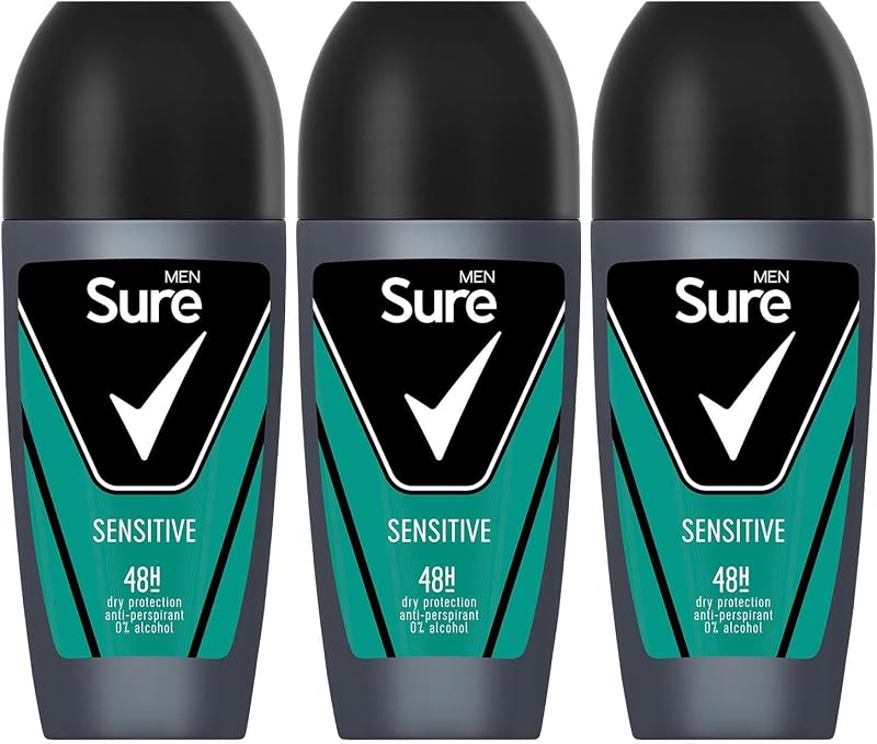 Sure Men Sensitive Roll On Antiperspirant 48H Sweat Odour Protection 50ml 3 Pack