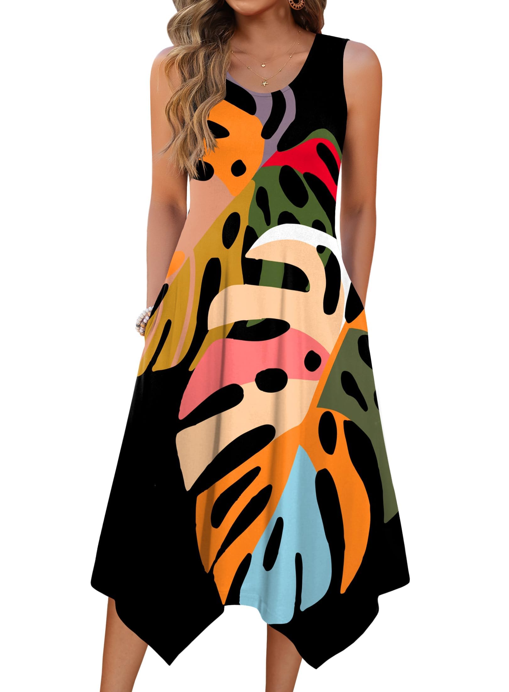 Photo 1 of Zeagoo Black Summer Dresses for Women 2025 Floral Midi Dress Sleeveless Tank Dress Swing Aline Sundress Solid Loose Tshirt Dress with Pockets 2XL