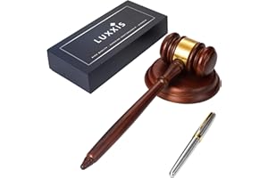 Luxxis Wooden Gavel and Block Set – Great for Judge Lawyer Auction and Meetings – x1 Handcrafted Wood Gavel, x1 Round Block, x1 Luxury Pen