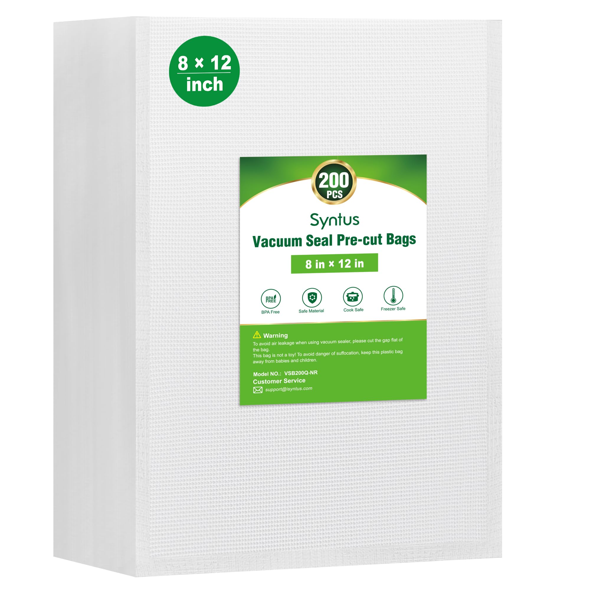 Photo 1 of Syntus Vacuum Sealer Bags for Food, 200 Count Quart 8" x 12" Commercial Grade PreCut Bag, BPA Free Food Vac Bags for Storage, Meal Prep or Sous Vide