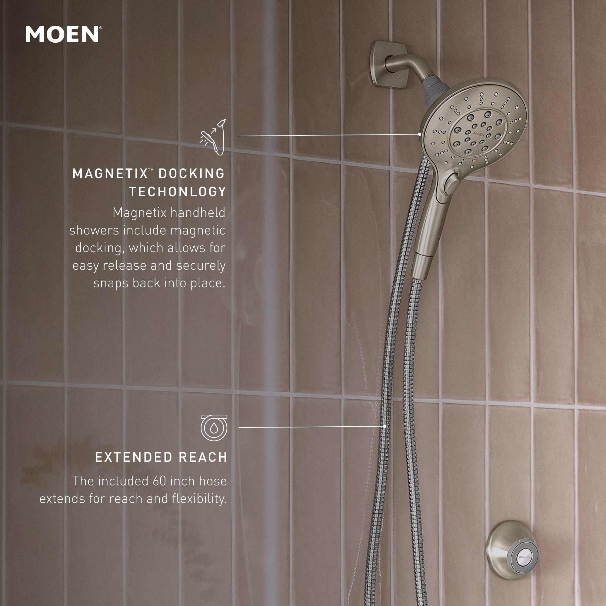 Moen Engage Chrome Magnetix Six-Function 5.5-Inch Wide Handheld Shower Head with Hose and Magnetic Docking System, 26112