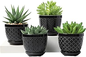SUREASY HOME & KITCHEN Sureasy Ceramic Plant Pots, 4.7 Inch Flower Pots for Indoor Plants, Succulent Pots with Saucer and Drainage Hole, Decorative Planter for Succulent, Cactus, Set of 4, Black