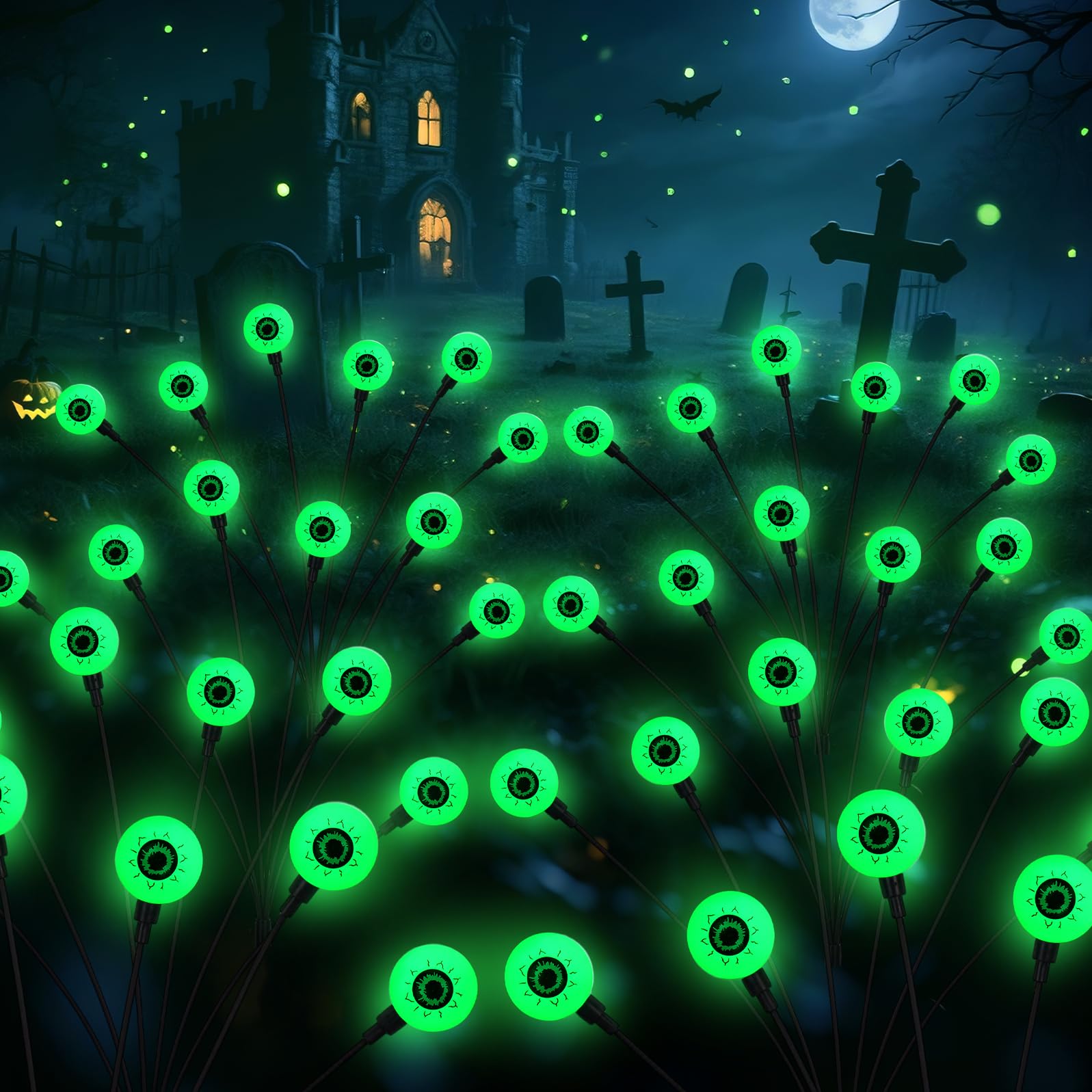 BomKra Halloween Decorations Outdoor Solar Scary Eyeball Lights,2PACKS 12LED Green Eyeball Swaying Firefly Lights,Waterproof Solar Halloween Path Lights for Yard/Garden/Lawn/Party Decor