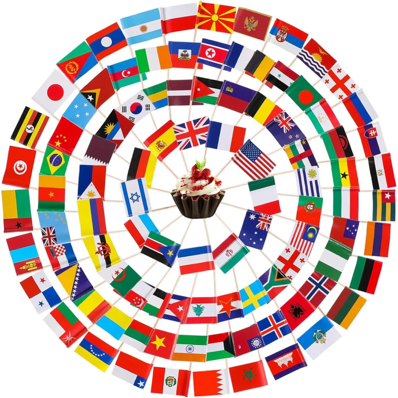 POPOYU 100Pcs Mini Multi Flag Toothpicks Cupcake Toppers,Multi Flags Cocktail Sticks Wooden Cake Toppers Sandwich Decorations for Eurovision Party,Euros Football Game,Olympics 2024 Decorations