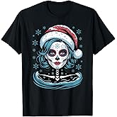 Christmas Sugar Skull Art Woman Santa Hat Festive Design T-Shirt