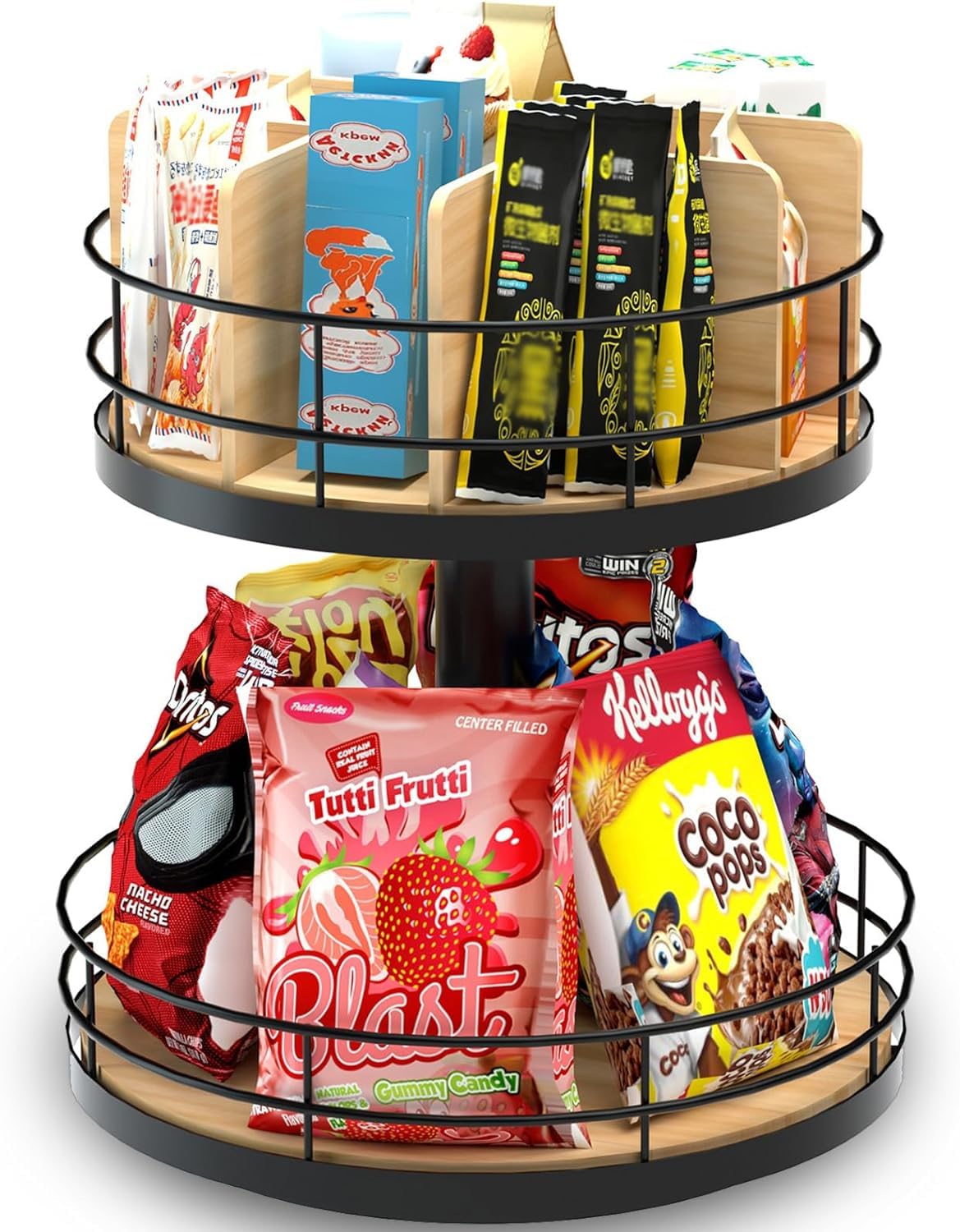 Snack Organizer - Versatile Snack Storage 2 Tier Lazy Susan with Convenient Grab-and-Go Design, Wood and Metal Snack Holder for Home, Office, Breakroom