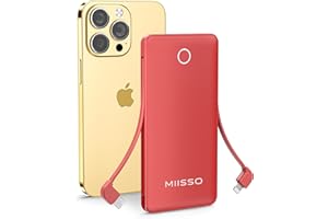 MIISSO 10000mah Slim Portable Charger with Built in Cable, Power Bank Travel Phone Charger External Battery Pack for Phone, 4 Output USB Type C Cord Clutch Charger Compatible with iPhone, Heated Vest, Red