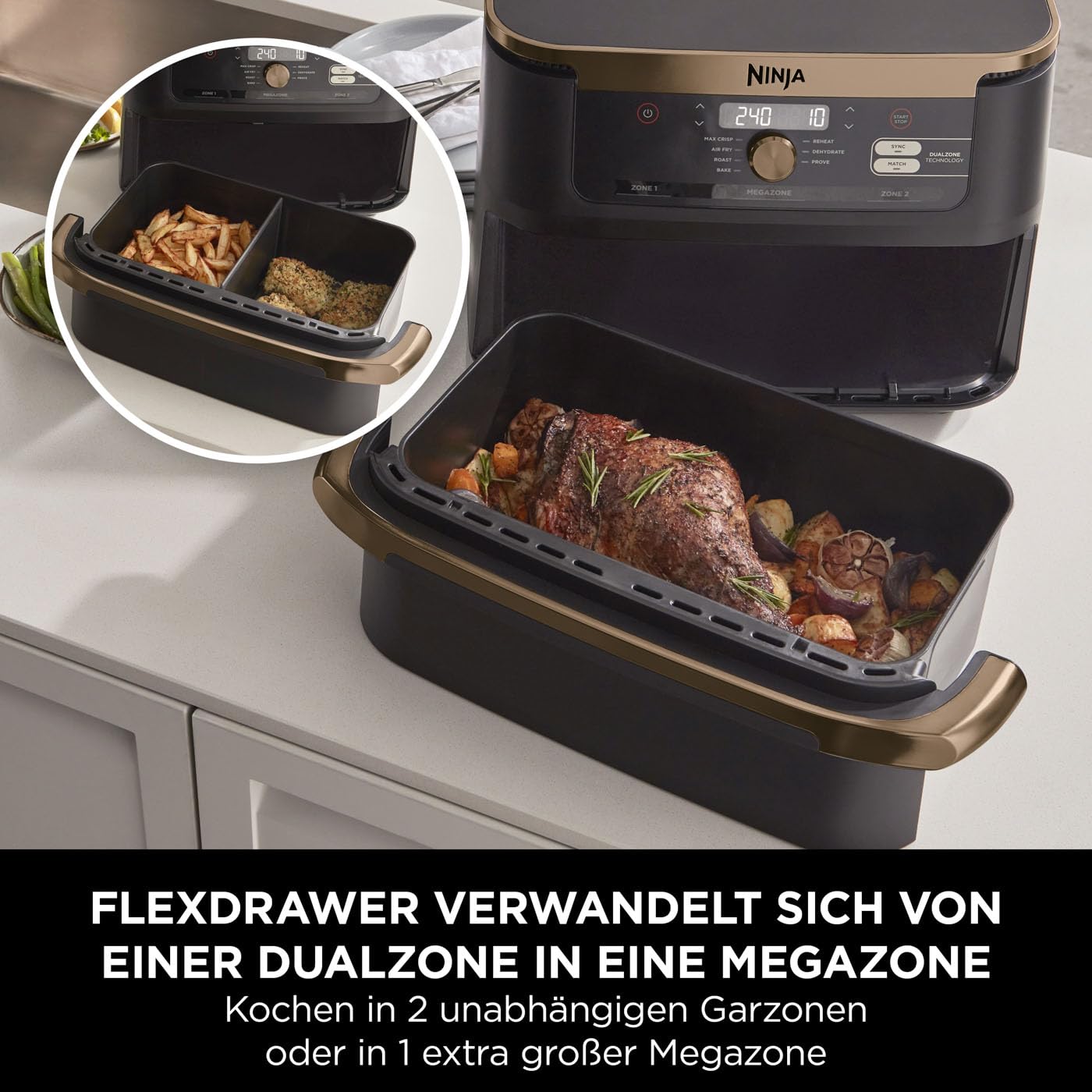 Ninja Foodi FlexDrawer Dual Zone Heißluftfritteuse, Airfryer mit 10,4-Fach und herausnehmbarem Trenner, Antihaftbeschichtung, spülmaschinenfester Korb, 7-in-1, Schwarz & Kupfer, AF500EUCP 3