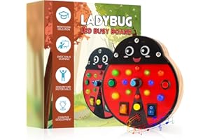 BICRET Busy Board Montessori Toys for Toddlers 1+ Year Old Baby Busy Board LED Sound Light Switch Toys with Buttons to Push Wooden Sensory Board - Red