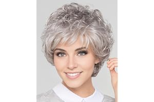 RENERSHOW Short Grey Curly Wigs for White Women Sliver Gray Synthetic Wig with Bangs Full Puffy Curly Grey Short Wig
