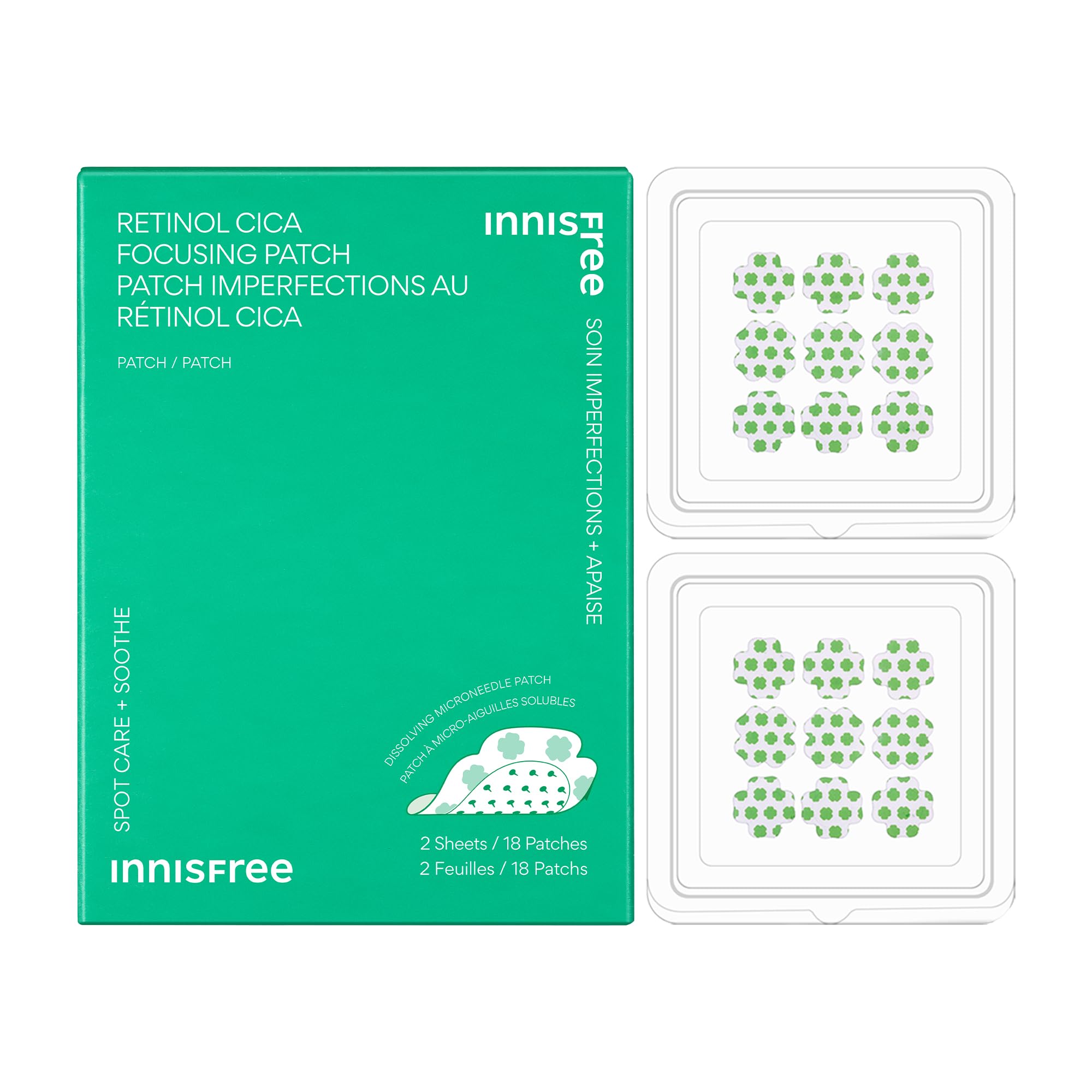 Photo 1 of innisfree Retinol Cica Focusing Patch Korean Hydrocolloid Patches with Salicylic Acid and Hyaluronic Acid for Acne Spots and Blemishes, 2 Pack