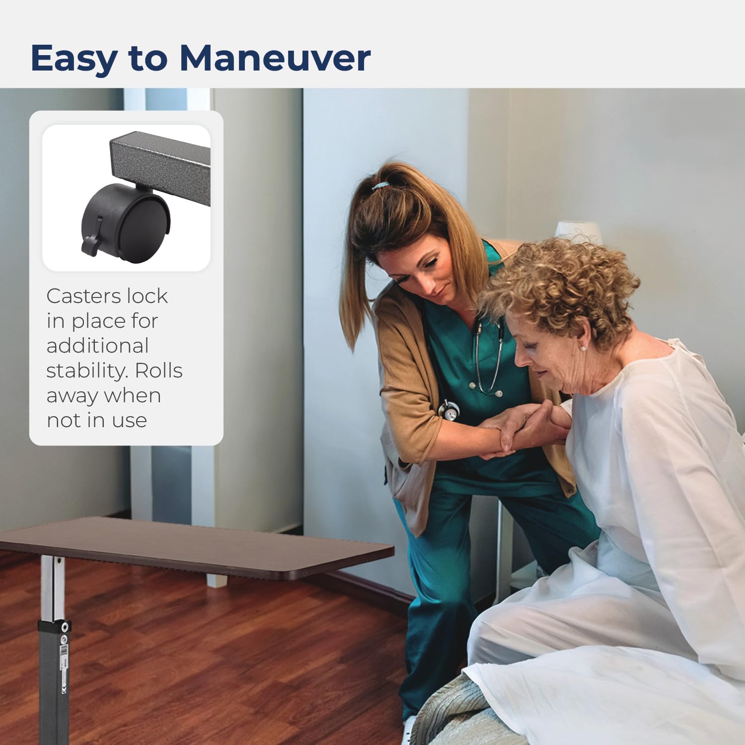 Drive Medical 13067 Non Tilt Top Overbed Table with Wheels and Secure Height Adjustment,Tray Table for Hospital or Home Use, Bedside Rolling Overbed Table, Silver Vein