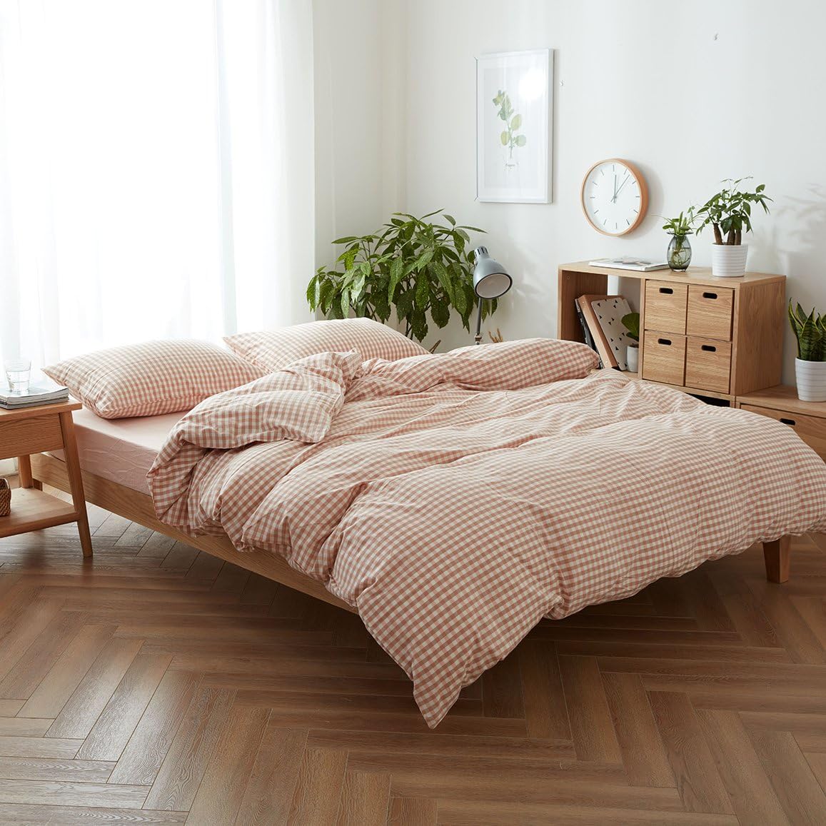 FACE TWO FACE 3-Piece Duvet Cover Queen,100% Washed Cotton Duvet Cover,Ultra Soft and Easy Care,Simple Style Bedding Set (Queen,Pink Grid)