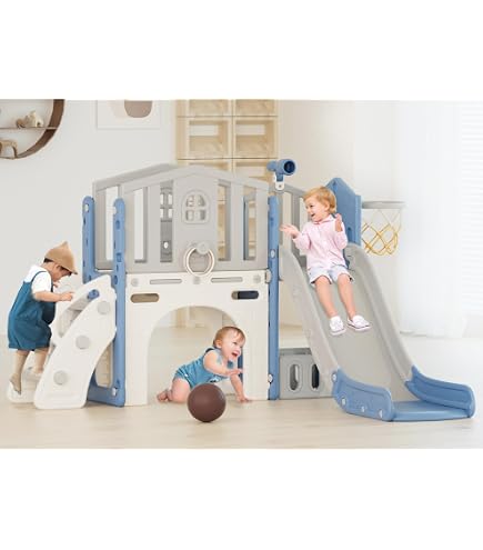 OLAKIDS Toboggan 8 en 1 pour enfants, aire de jeux intérieure et extérieure avec panier de basket-ball, télescope, tunnel, rangement de jouets, volant pour garçons et filles à partir de 1 an