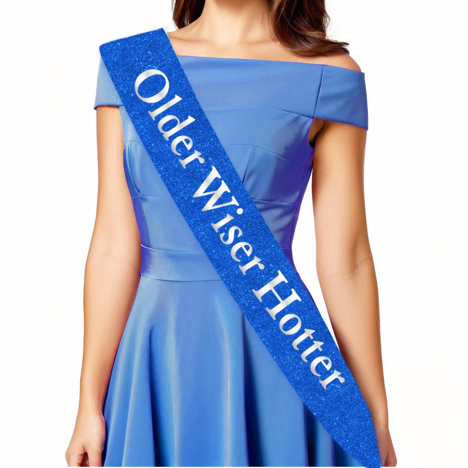 Serencatcher Older Wiser Hotter Sash with Silver Foil, Blue Funny Birthday Sash for Women Men Happy 30th 40th 50th 60th 70th 80th Birthday Party Decorations Gift