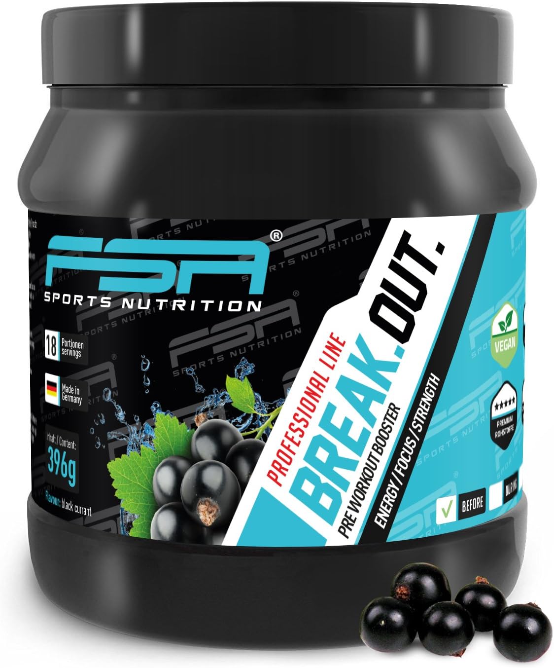 Pre-workout BOOSTER from the German pro sport brand FSA Nutrition | For energy, power and pump training | L-citrulline malate | Caffeine, guarana | Vegan | Fitness and muscle development Blackcurrant