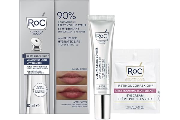 RoC Derm Correxion Lip Volumizer - Lip Plumper Peptide Treatment + Hyaluronic Acid & Vitamin E with Line Smoothing Eye Packet