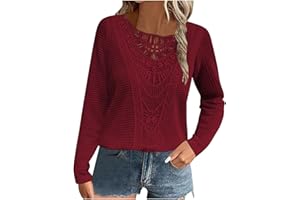VOGFFR Fall Tops for Women 2024 Trendy Crewneck Long Sleeve Pullover Shirts Lace Patchwork Shirt Crochet Hollow Out Knit Tops