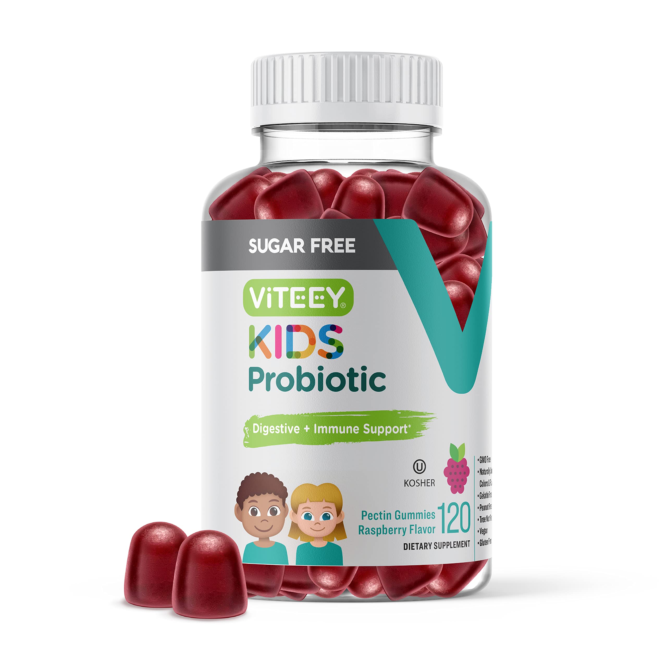 Probiotic Gummies for Kids - 2 Billion CFUs - Probiotics Kids Constipation Relief, Natural Immune & Digestive Health Support - Vegan, Gelatin Free, GMO Free - Tasty Chewable Raspberry Flavored Gummy