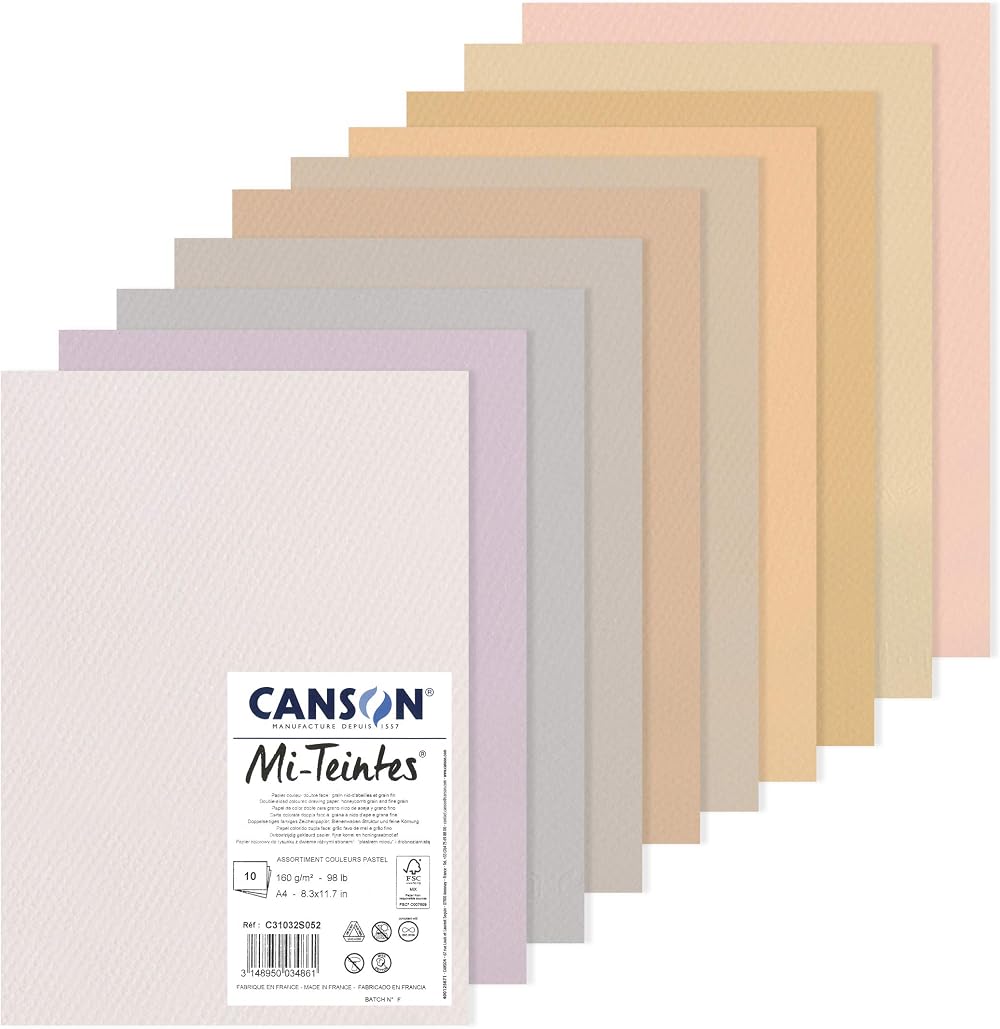 Canson MiTeintes Coloured Drawing Paper Pack A4 160gsm Double Sided 10 Pastel