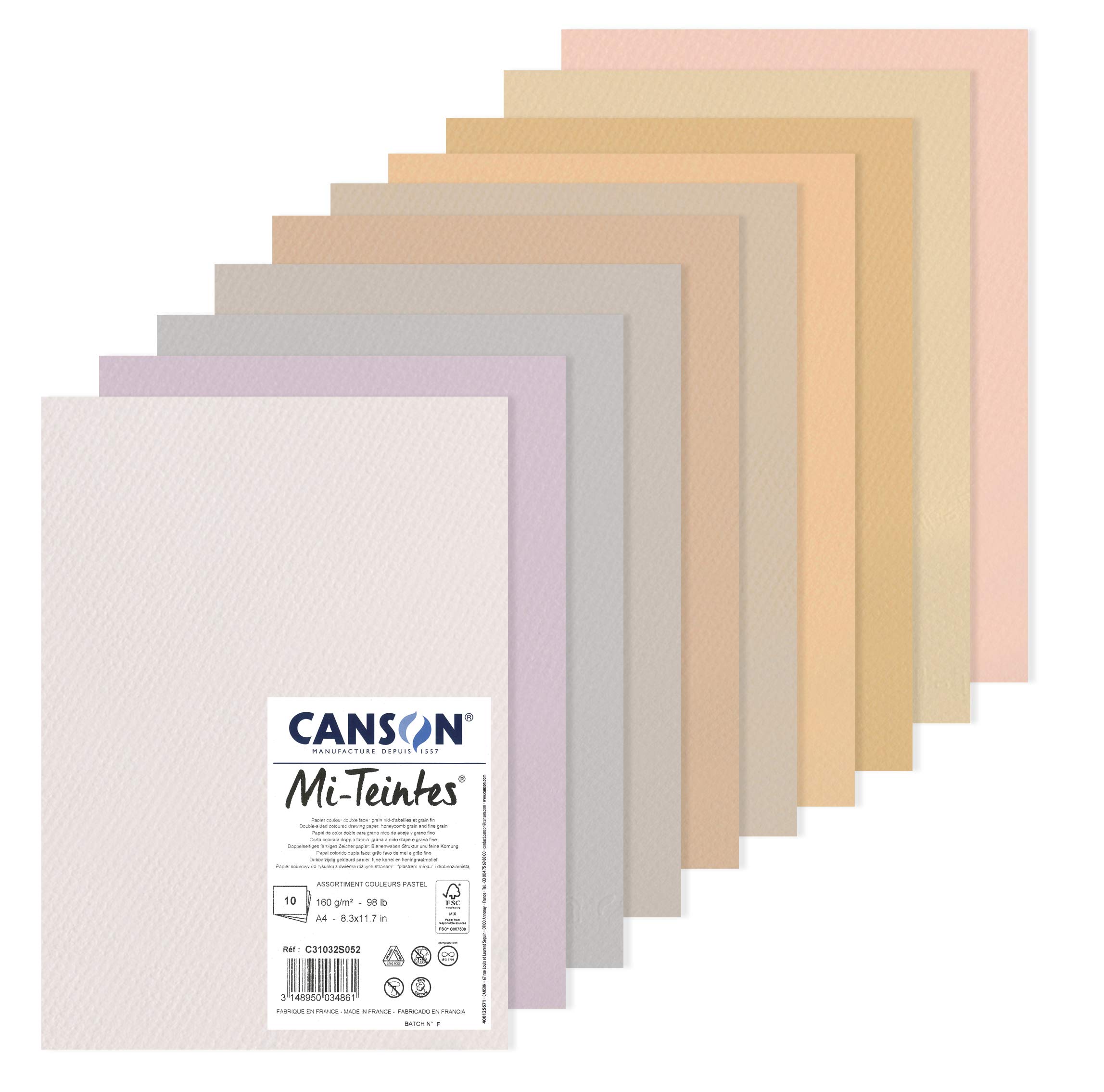 CANSON Mi-Teintes Coloured Drawing 160gsm A4 Paper Pack, Double Sided: Honeycomb & Fine Grain, 10 Pastel Colour Sheets, For Professional Artists & Illustrators