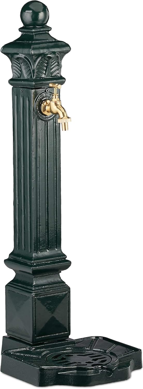 Relaxdays Standbrunnen, Wasserzapfstelle in Antik Look, Säule mit Wasserhahn & Becken, HBT: 80 x 28 x 32 cm, dunkelgrün